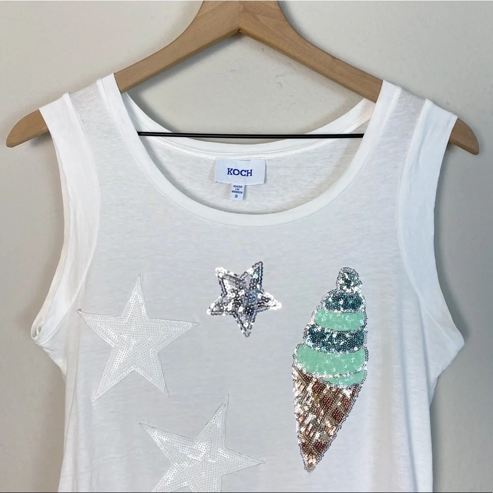 Koch Stars & Ice Cream Sequin White Cotton Tank